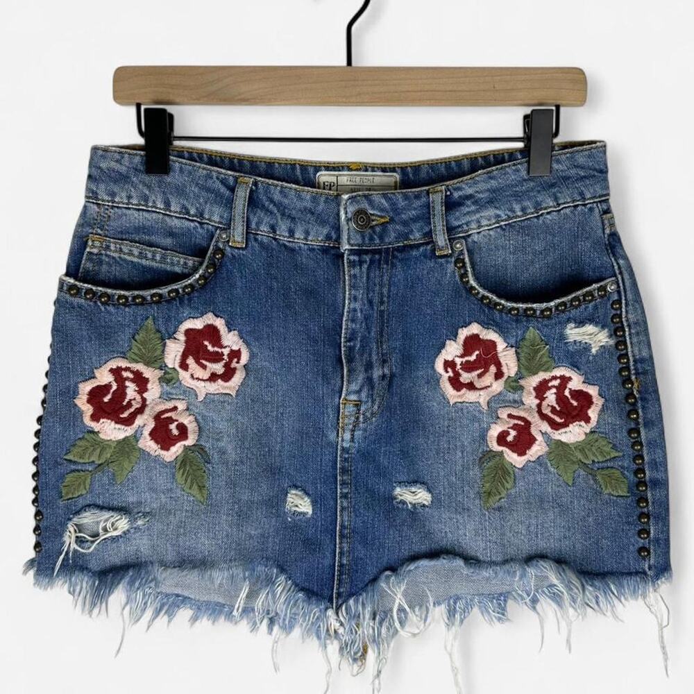 Free people embroidered studded denim mini skirt